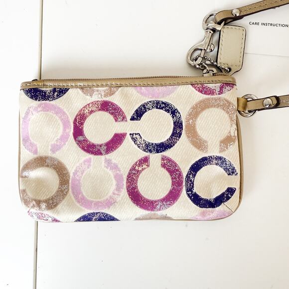 Y2K Coach Op Art Signature Zipper Wristlet Beige Purple Pink Pouch Wallet - Picture 3 of 7